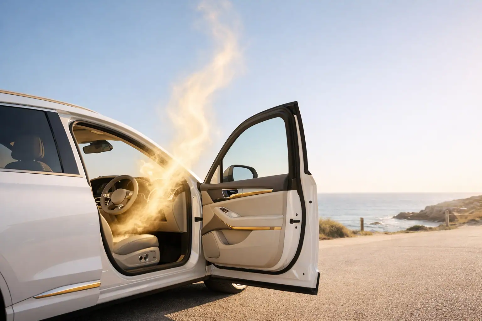A white car with its front door open, heat vapor rising, is parked by a seaside road under a cloudless sky.