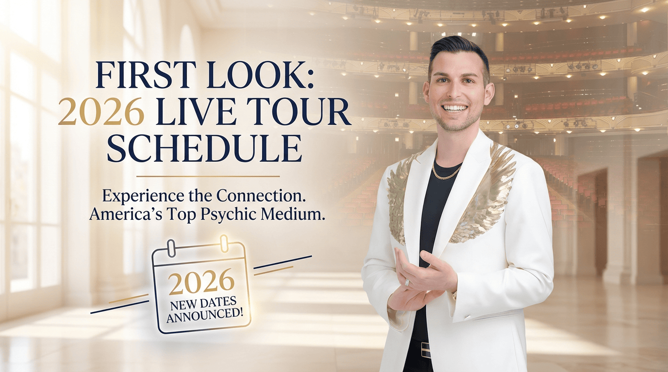 Matt Fraser in a white suit stands in a concert hall next to text revealing the "First Look: 2026 Live Tour Schedule" with new dates.