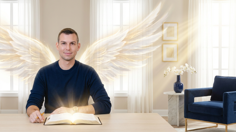Matt Fraser sits at a table with an open book, glowing angel wings and soft light surrounding him in a bright room with large windows.
