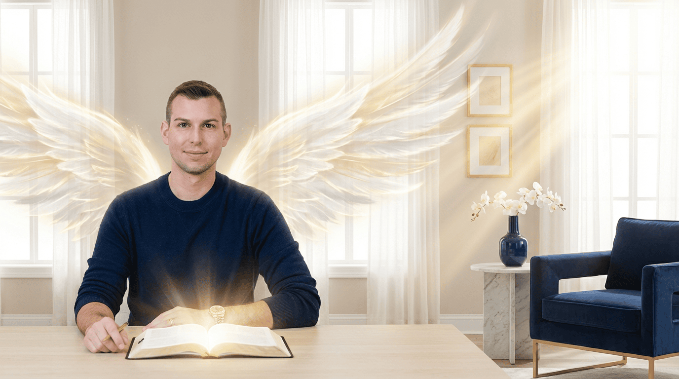 Matt Fraser sits at a table with an open book, glowing angel wings and soft light surrounding him in a bright room with large windows.