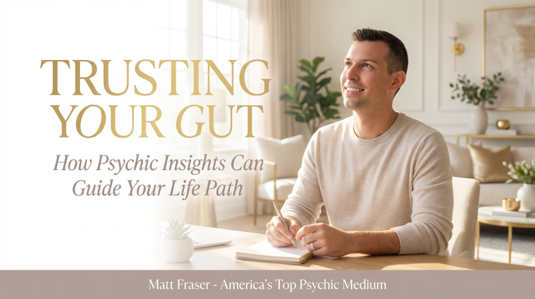 Matt Fraser sits at a desk writing in a notebook, smiling, in a bright living room. Text: "Trusting Your Gut...