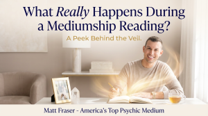 Matt Fraser sits at a desk with a notebook, pen, tea, and framed photo, smiling. Text explains what mediumship readings involve.