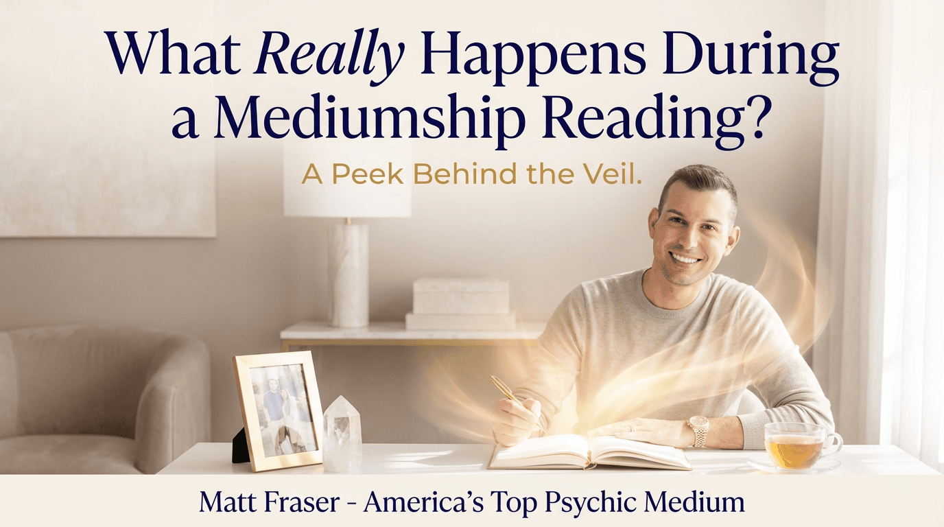 Matt Fraser sits at a desk with a notebook, pen, tea, and framed photo, smiling. Text explains what mediumship readings involve.
