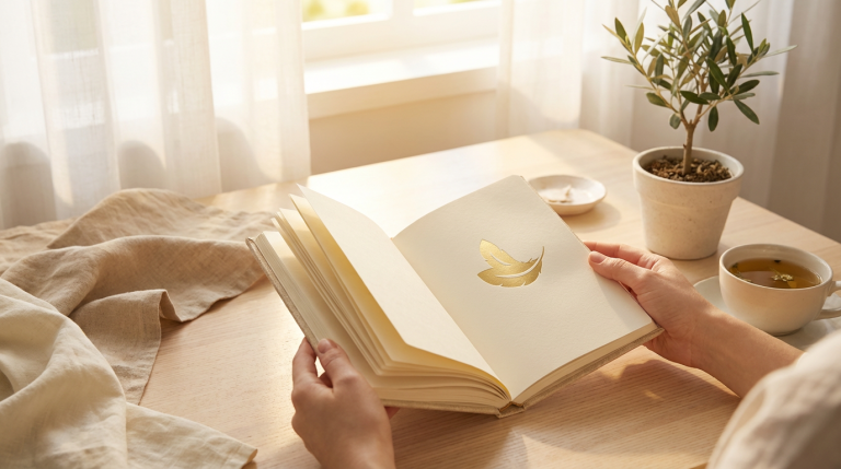 Matt Fraser holding an open book with a golden bird cutout, sitting by a plant and tea at a wooden table near a window.