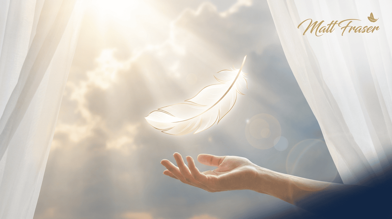 A hand, possibly Matt Fraser's, reaches toward a glowing feather floating in sunlight near white curtains; "Matt Fraser" appears above.