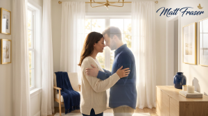 A woman embraces a translucent, ghostly Matt Fraser in a sunlit living room. The text "Matt Fraser" appears in the top right corner.