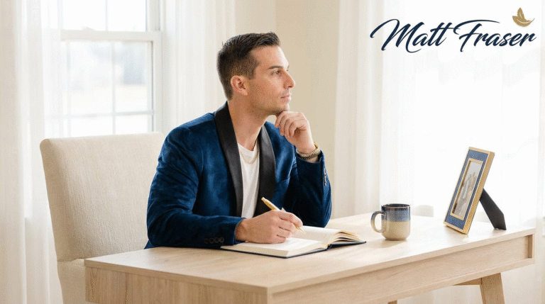 Matt Fraser, in a blue jacket, sits at a desk writing in a notebook, with a mug and framed picture beside him. His name appears onscreen.