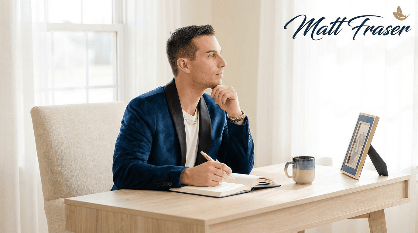 Matt Fraser, in a blue jacket, sits at a desk writing in a notebook, with a mug and framed picture beside him. His name appears onscreen.