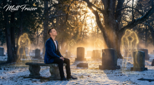 Matt Fraser sits on a stone bench in a snowy cemetery at sunrise, eyes closed, glowing silhouettes by gravestones. Name top left.