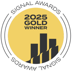 A circular badge displays "2025 Gold Winner" above four ascending bars, with "Signal Awards" written around the outer edge.