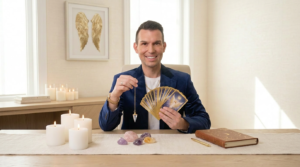 Matt Fraser sits at a table with tarot cards, crystals, candles, and a journal, holding a pendulum and smiling at the camera.