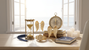 A desk with an hourglass, golden clock, angel wings, books, candles, blue feather, astrology book by Matt Fraser in sunlight.