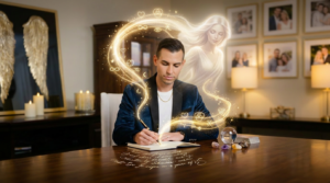 Matt Fraser writes in a notebook at a desk with candles, crystals, and tarot cards, as a glowing ethereal woman floats beside him.
