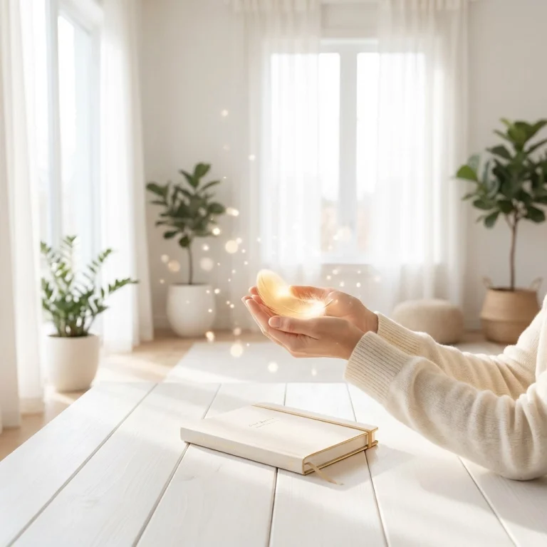 Matt Fraser holds a glowing, magical light in his hands above a closed notebook on a white table in a bright, plant-filled room.