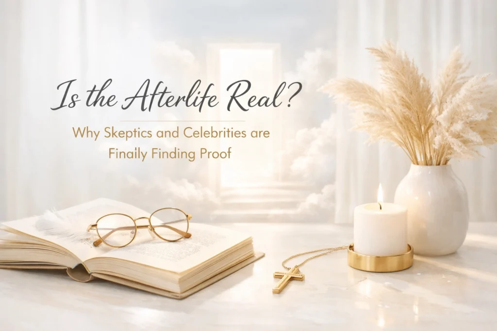 An open book with glasses, cross necklace, lit candle, and pampas grass vase; text reads: "Is the Afterlife Real? Why Skeptics and Celebrities—and Matt Fraser—are Finally Finding Proof.