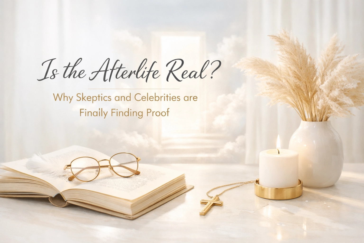 An open book with glasses, cross necklace, lit candle, and pampas grass vase; text reads: "Is the Afterlife Real? Why Skeptics and Celebrities—and Matt Fraser—are Finally Finding Proof.