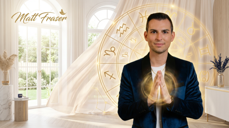 Matt Fraser stands indoors with palms pressed, glowing hands, before a large zodiac wheel and window; his name is top left.