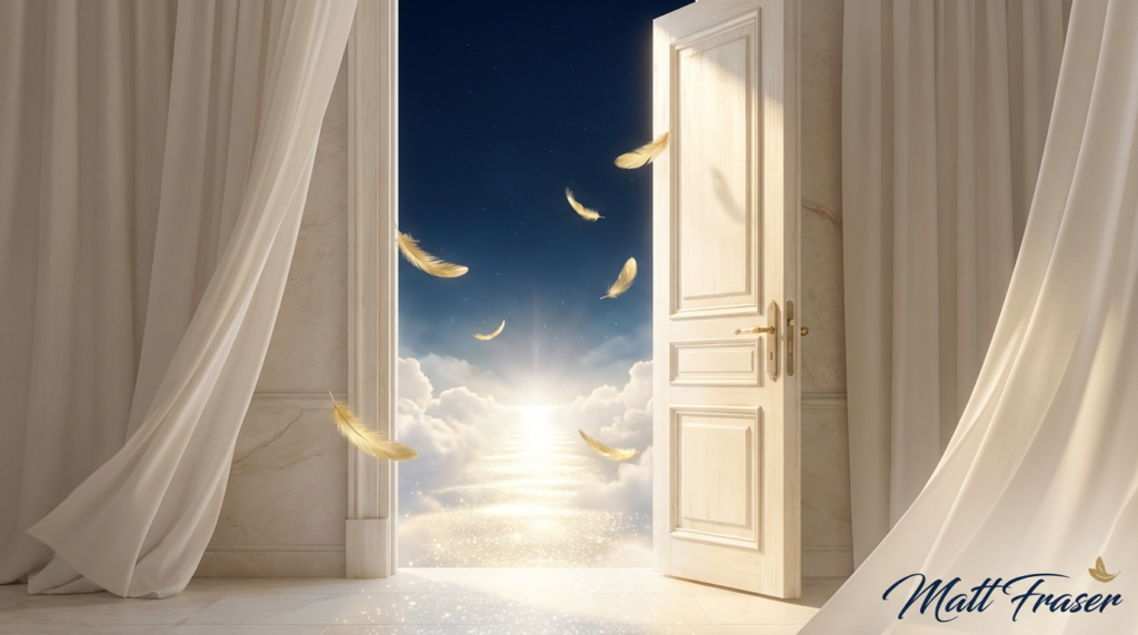 An open door reveals a sky with clouds, golden feathers floating, sunlight, and white curtains. Matt Fraser's name is in the corner.