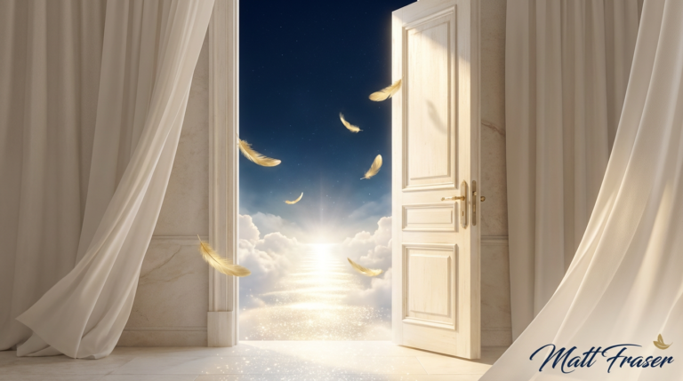 An open door reveals a sky with clouds, golden feathers floating, sunlight, and white curtains. Matt Fraser's name is in the corner.
