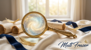 A gold magnifying glass holding a swirling galaxy sits on satin near scrolls, blue ribbon, gold feathers, and "Matt Fraser" in the corner.
