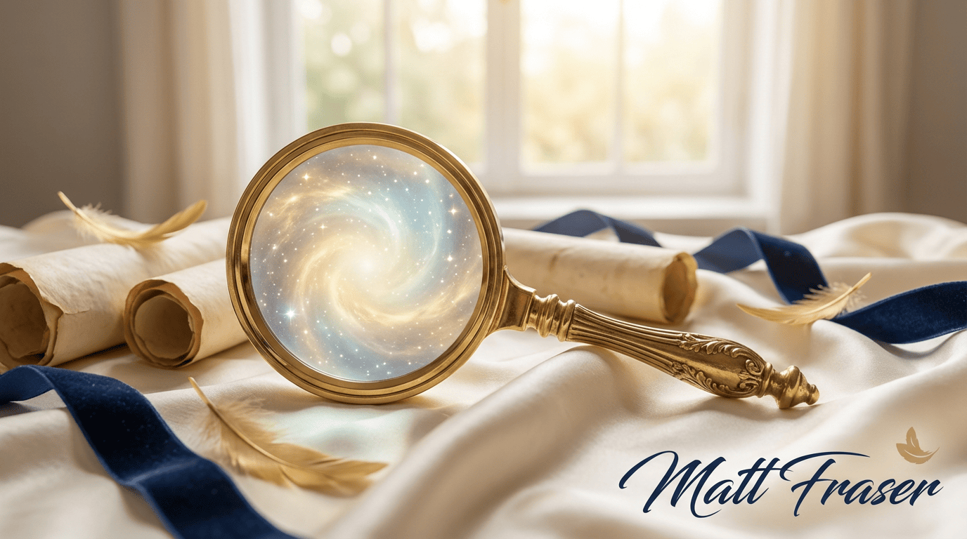 A gold magnifying glass holding a swirling galaxy sits on satin near scrolls, blue ribbon, gold feathers, and "Matt Fraser" in the corner.
