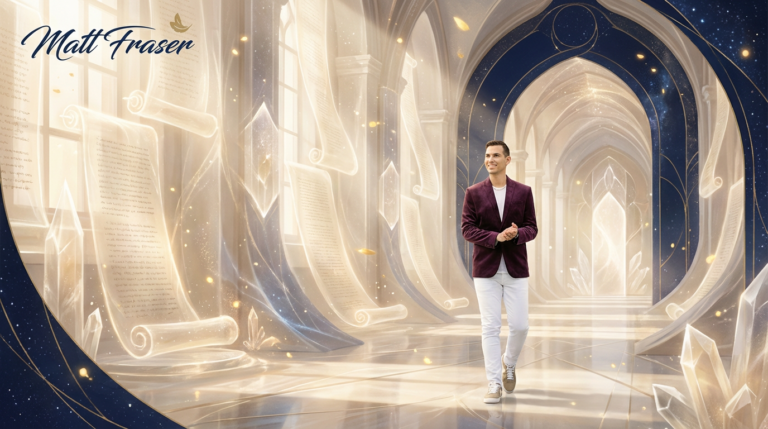 Matt Fraser in a burgundy jacket and white pants walks through a grand, arched hall with floating glowing scrolls; his name appears top left.