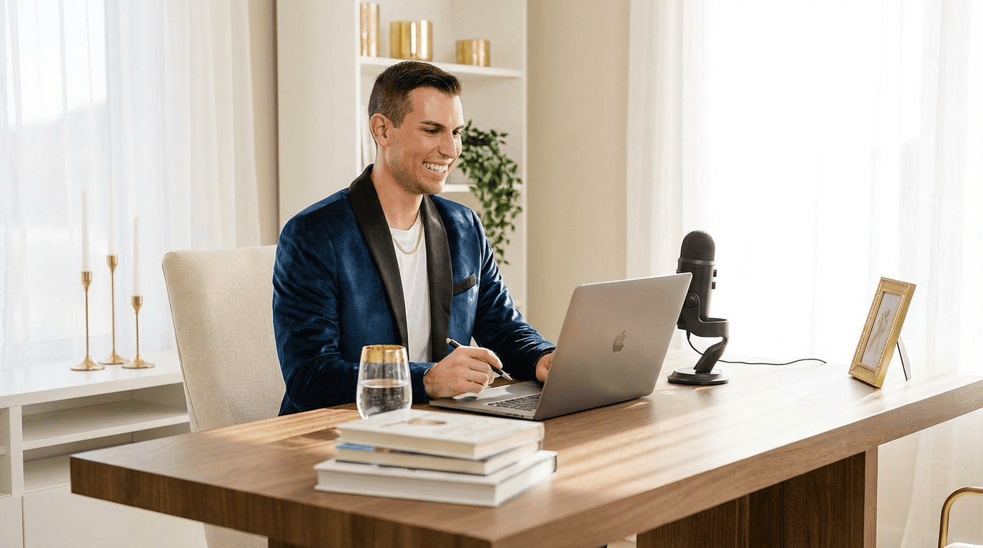 Matt Fraser in a blue blazer sits at a desk working on a laptop, with a microphone, glass of water, and books in a modern office.