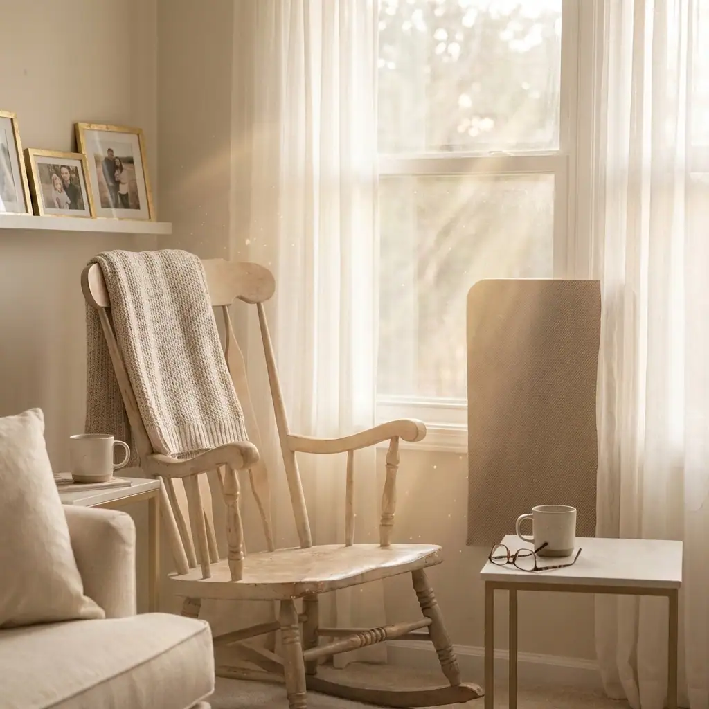 A cozy living room corner with a wooden rocking chair draped with a knit blanket, table with mug, framed photos, and sunlight through sheer curtains.