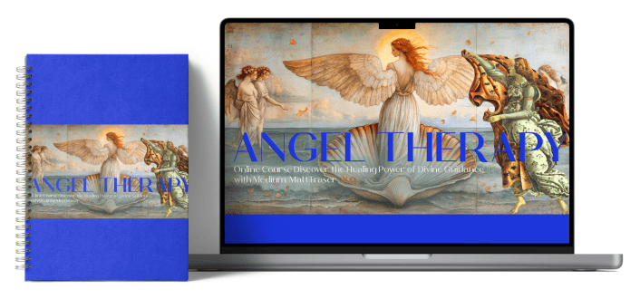 A notebook and laptop display "Angel Therapy" with an angel artwork background. The text mentions an online course on divine guidance with a modern mystic, Matt Fraser.