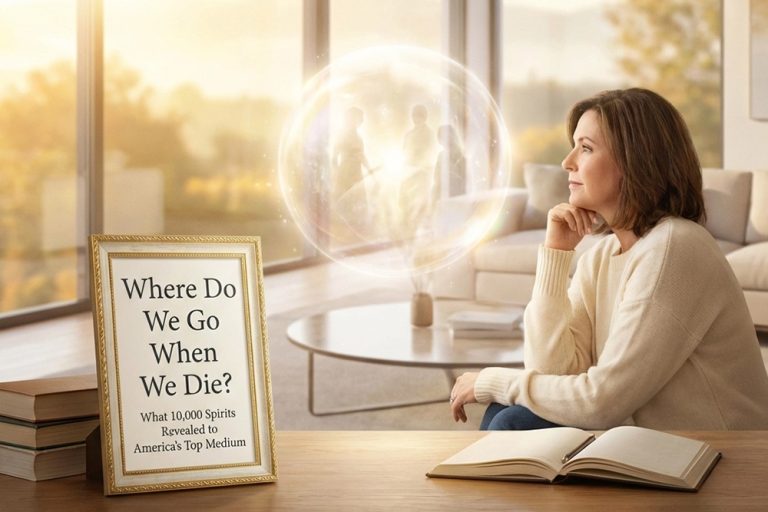 A woman sits at a table with an open book, gazing at a glowing orb. A sign reads, "Where Do We Go When We Die?.