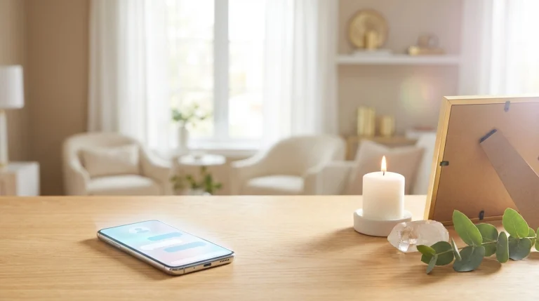 A smartphone, lit candle, crystal, green leaves, and photo frame sit on wood; two white chairs and shelves in soft light behind.