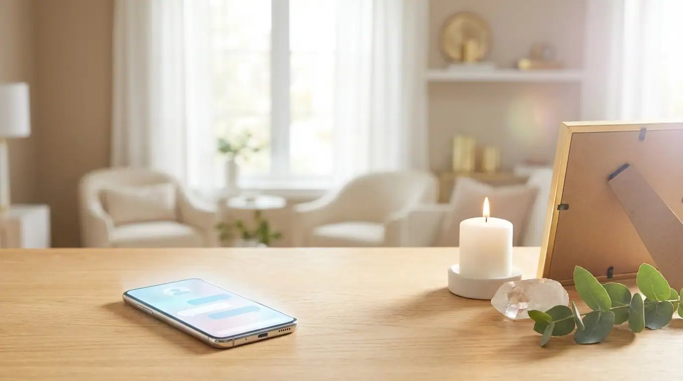 A smartphone, lit candle, crystal, green leaves, and photo frame sit on wood; two white chairs and shelves in soft light behind.