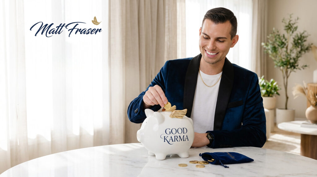 Matt Fraser in a blue jacket smiles as he places a gold coin into a white piggy bank labeled "GOOD KARMA" on a table, with coins and a small blue pouch nearby.