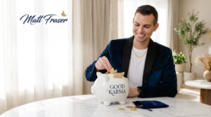 Matt Fraser in a blue jacket smiles as he places a gold coin into a white piggy bank labeled "GOOD KARMA" on a table, with coins and a small blue pouch nearby.