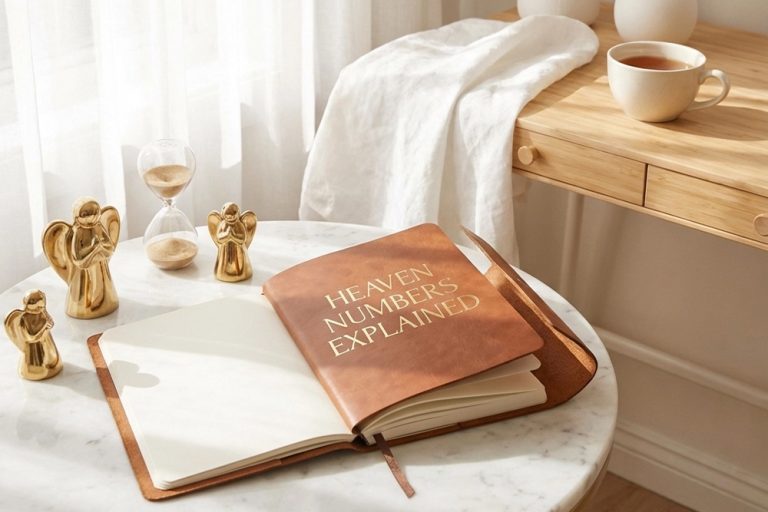 A leather-bound journal titled "Heaven Numbers Explained" lies open on a marble table with gold angel figurines, an hourglass, and tea.