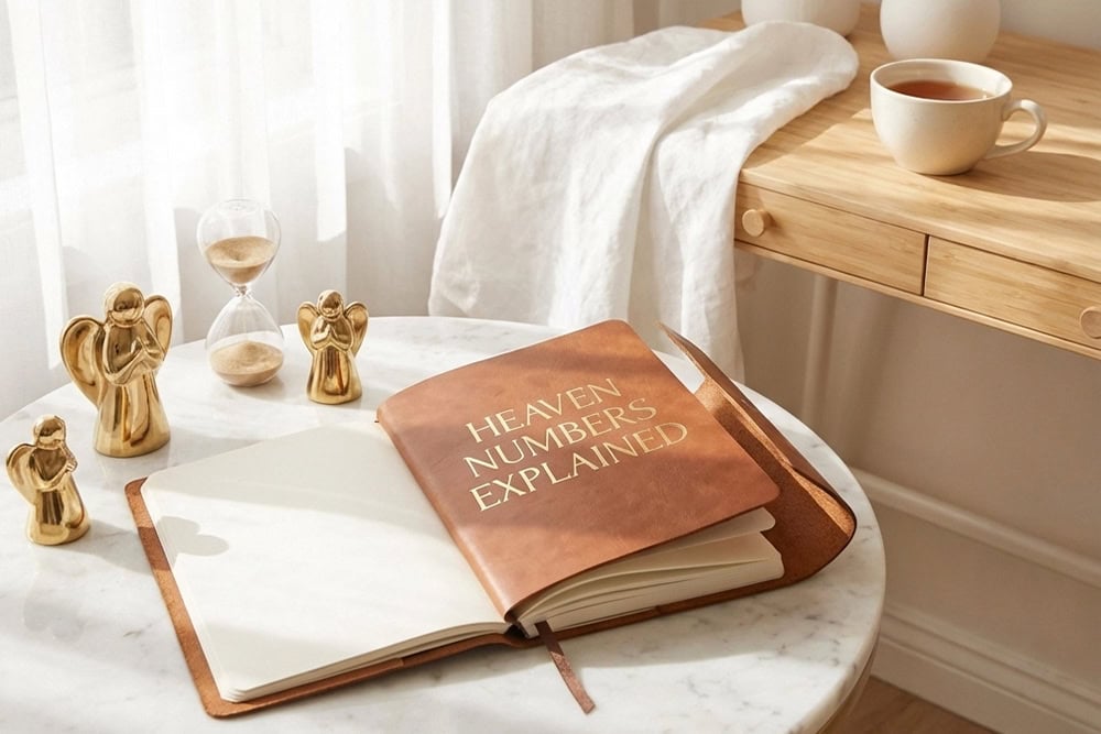 A leather-bound journal titled "Heaven Numbers Explained" lies open on a marble table with gold angel figurines, an hourglass, and tea.