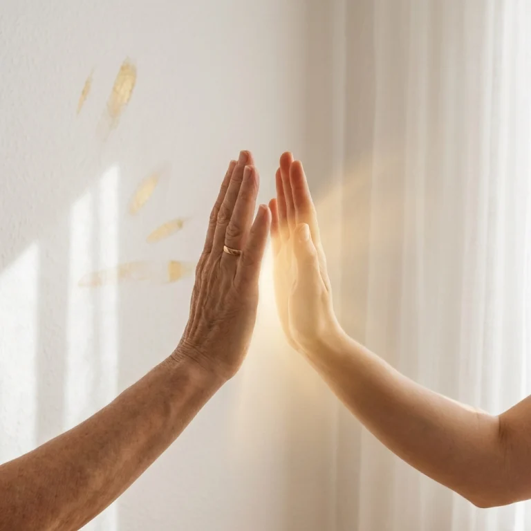 Two hands, one older and one younger, touch palm to palm with a soft golden light between them, sheer curtains in the background.