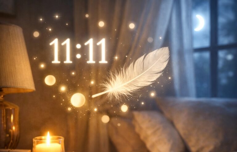 A softly lit bedroom at night with a candle, glowing 11:11 numbers, a feather, sparkles, and a crescent moon outside the window.