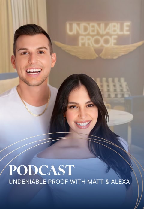 Matt Fraser and a woman smile in front of a sign reading "Undeniable Proof" with podcast branding: "Podcast: Undeniable Proof with Matt & Alexa.