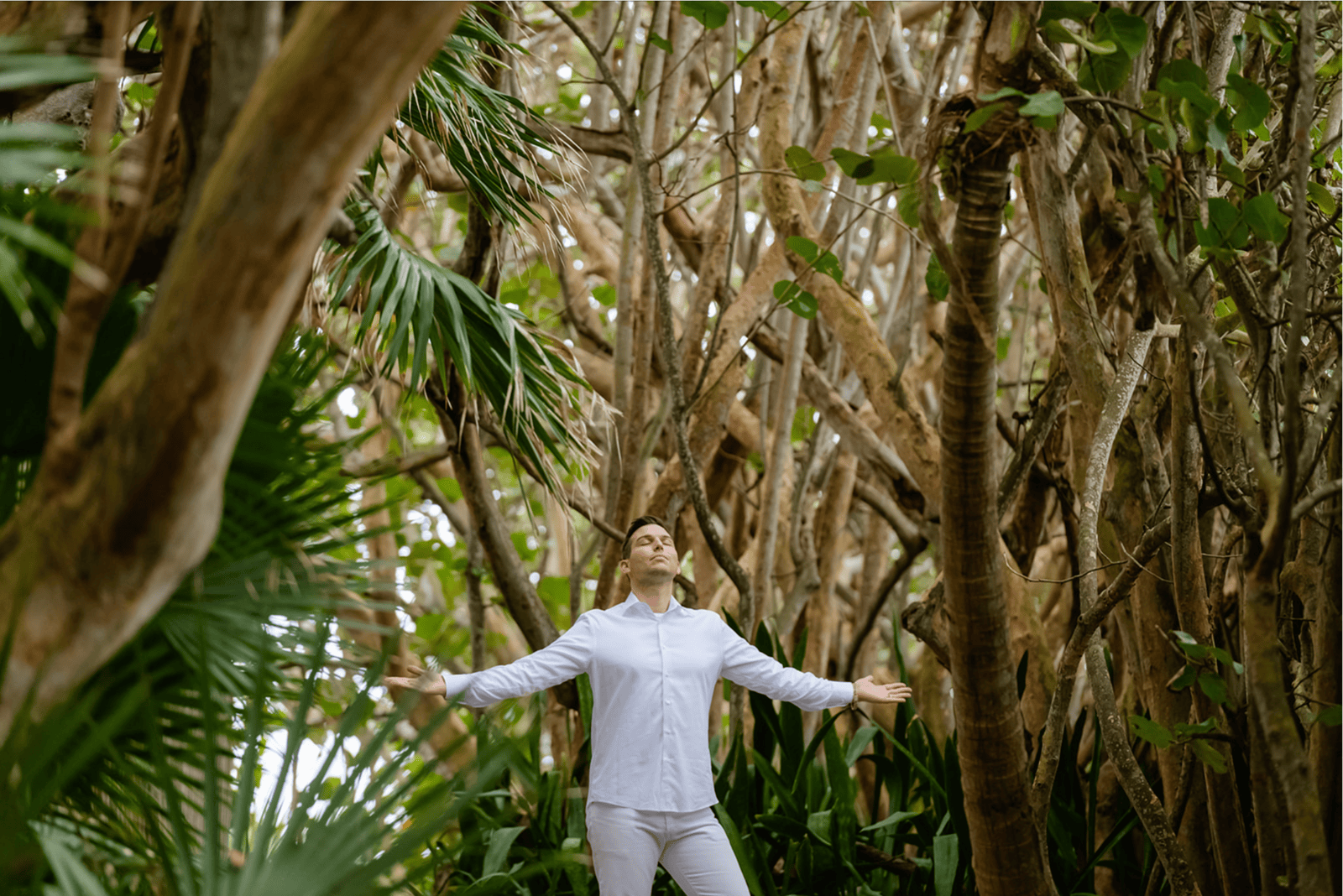 Matt Fraser in a white shirt stands with arms outstretched among tall trees and dense foliage in a forest setting.