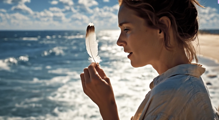 Matt Fraser holds a feather and examines it closely while standing by the ocean beneath a partly cloudy sky.