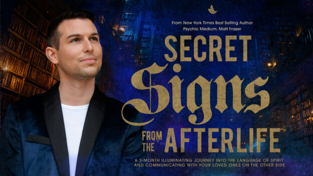Matt Fraser in formal attire stands before bookshelves, with text promoting his book "Secret Signs from the Afterlife.