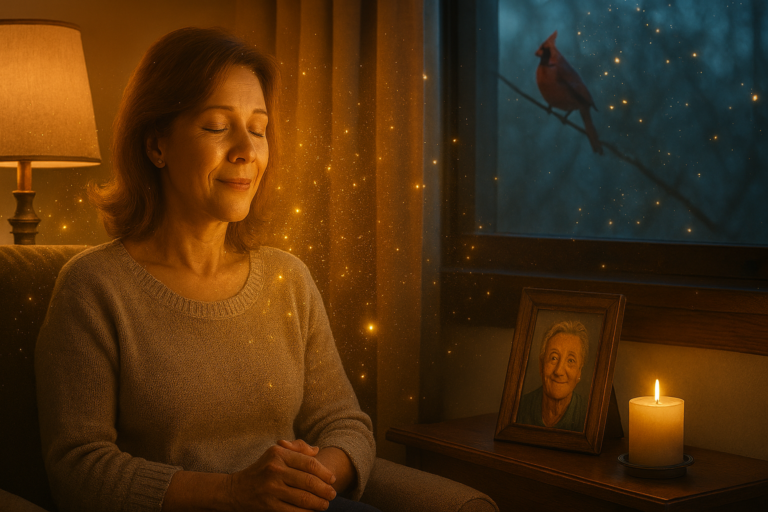 A woman sits with her eyes closed near a candle and a framed photo of Matt Fraser, with glowing light particles around her and a cardinal bird outside the window.