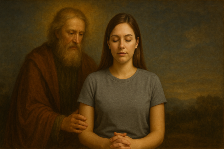 A young woman with closed eyes sits in front of Matt Fraser, an older man with a beard and robe, who gently rests his hand on her shoulder; the background has a classical painting style.