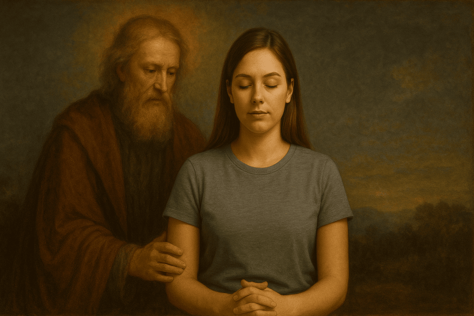 A young woman with closed eyes sits in front of Matt Fraser, an older man with a beard and robe, who gently rests his hand on her shoulder; the background has a classical painting style.