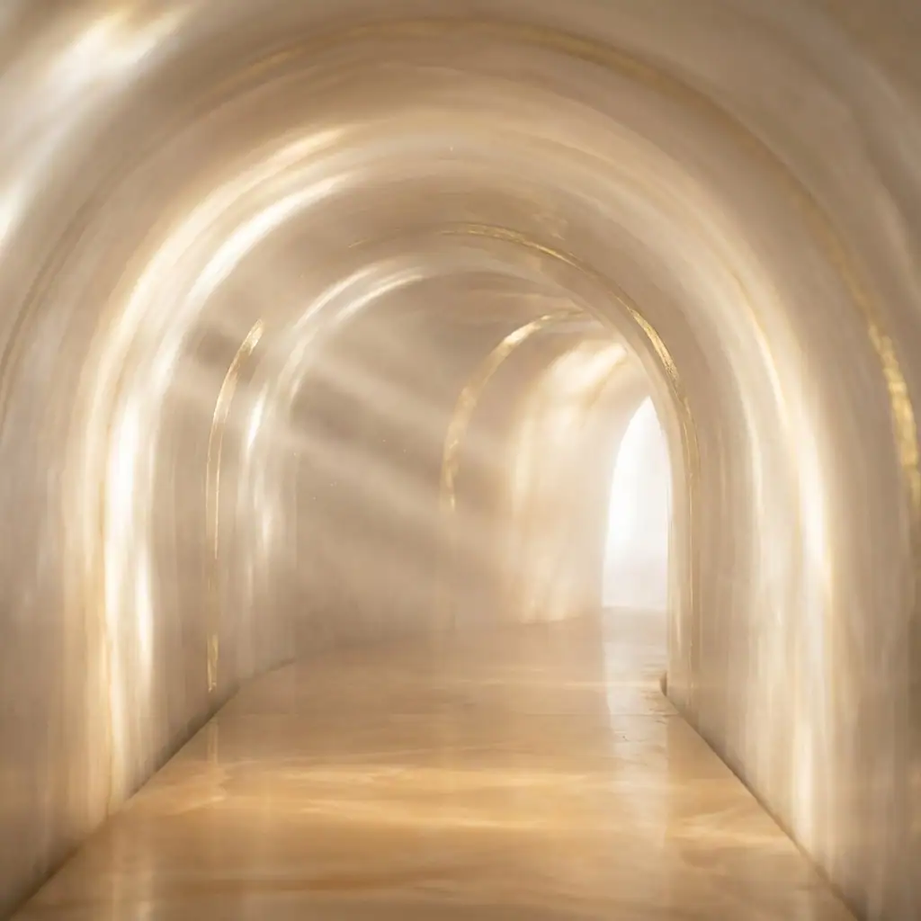 Curved, golden-lit tunnel with smooth walls and floor, illuminated by soft natural light through an arched opening at the end.