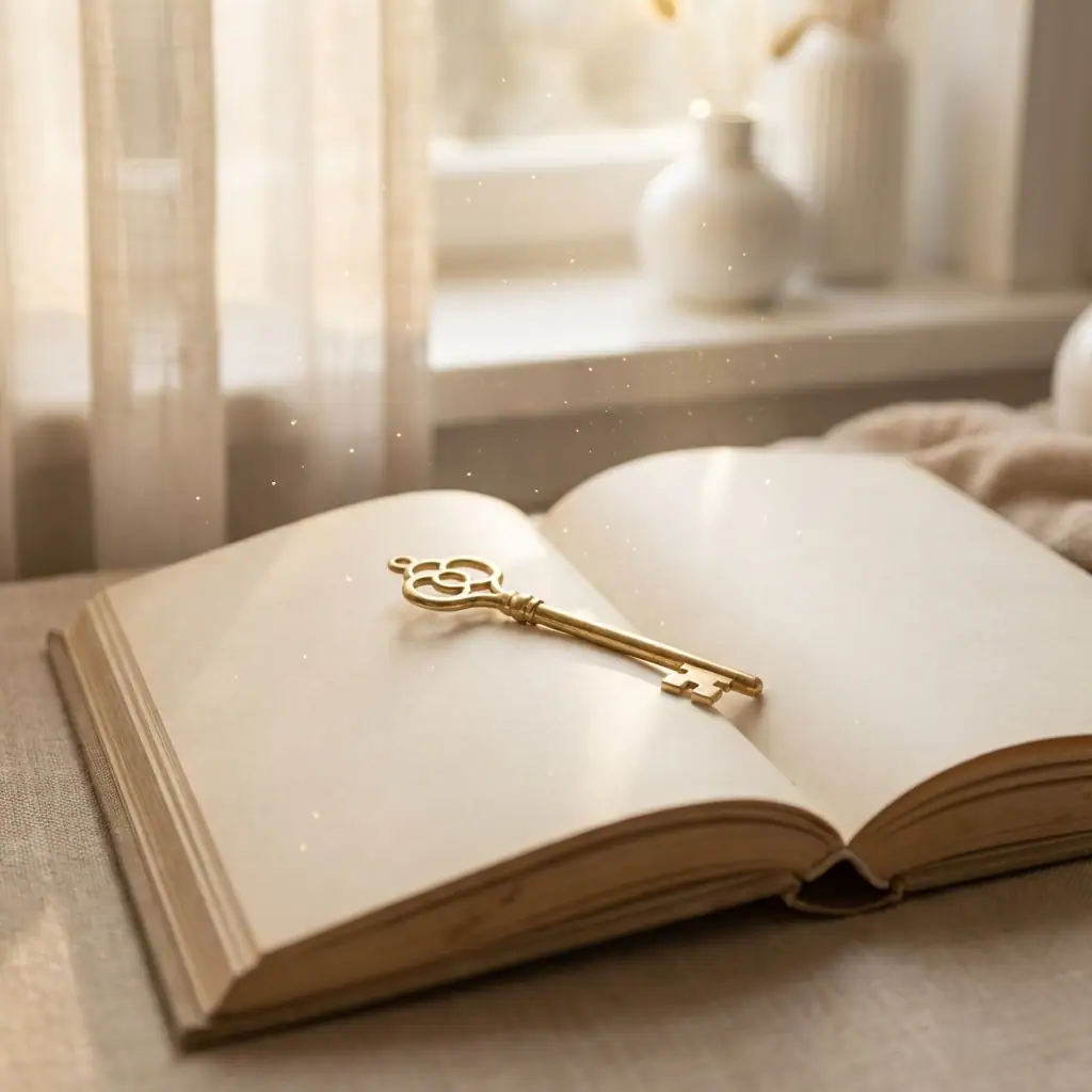 An open book with blank pages lies on a surface, topped by a golden key. A window and white vase are softly lit in the background.