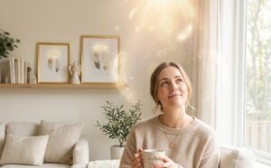A woman sits on a couch holding a mug, looking up and smiling. Glowing light and a halo shine above her in a cozy living room.