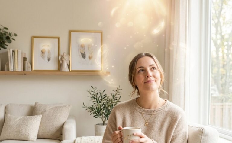A woman sits on a couch holding a mug, looking up and smiling. Glowing light and a halo shine above her in a cozy living room.
