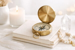 A brass compass sits open on two stacked white books, with a candle, crystal, feather, and beaded bracelet on a light surface.
